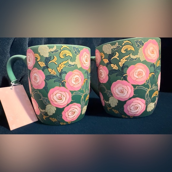 dwell Other - Petal & Pearl Set of 2 Soft Touch Pink Green Floral Coffee Mugs Gold Detail NWT